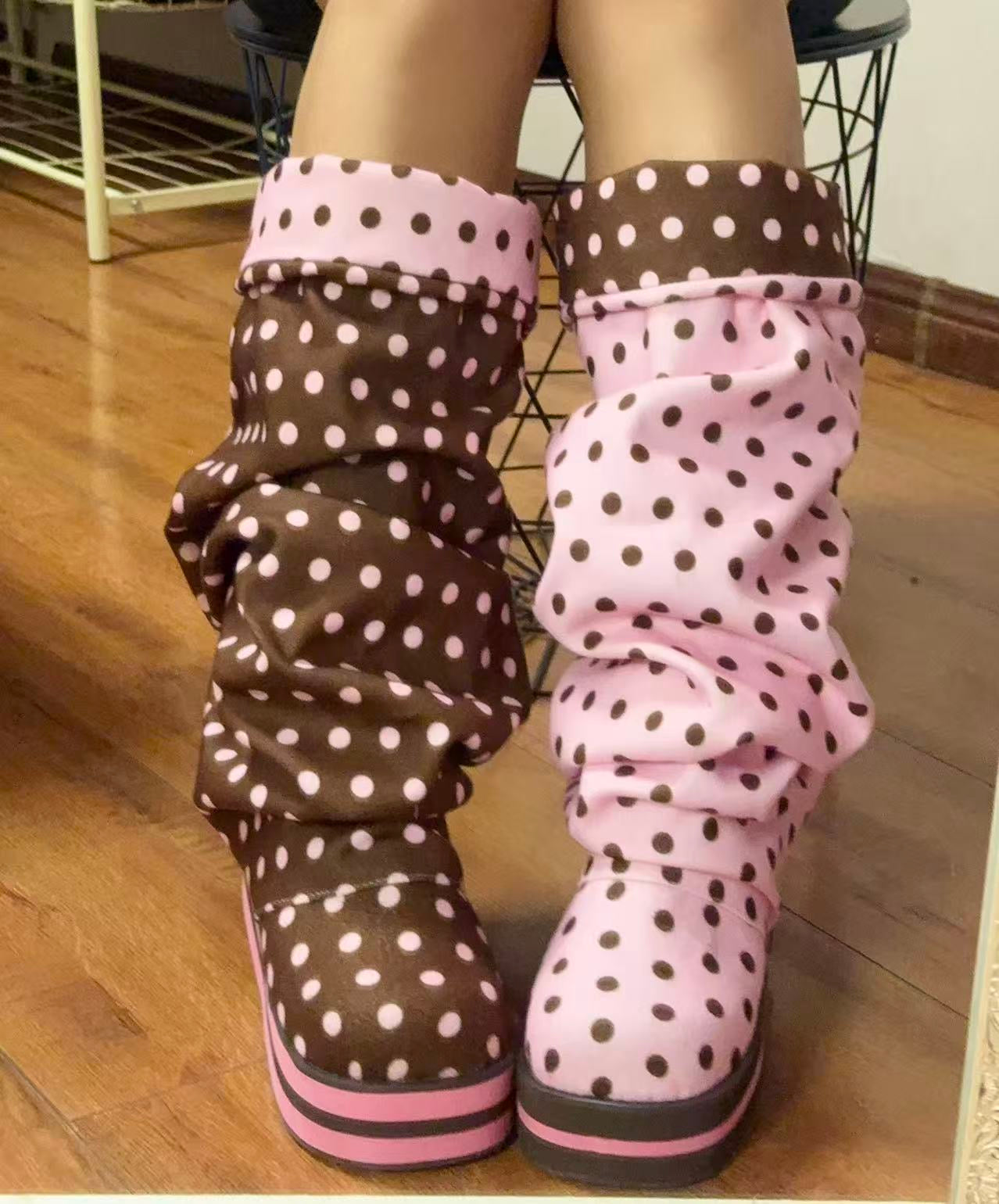 Front close-up of the Pink + Brown polka dot boot pairing